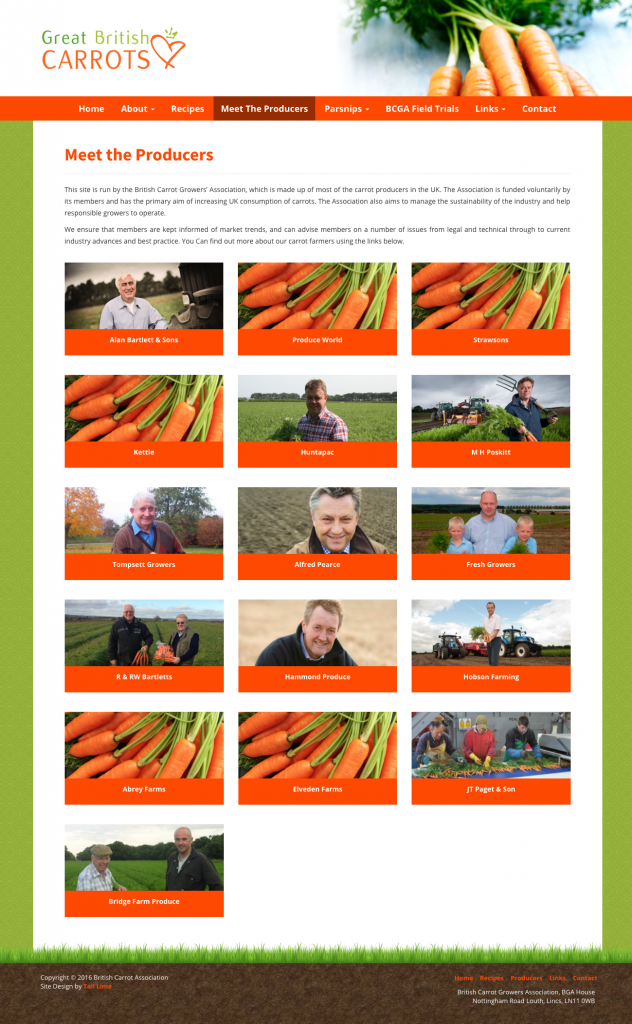 A screenshot showing the 'Meet the Producers' page of the British Carrots website, which Ben designed for the British Growers Association.