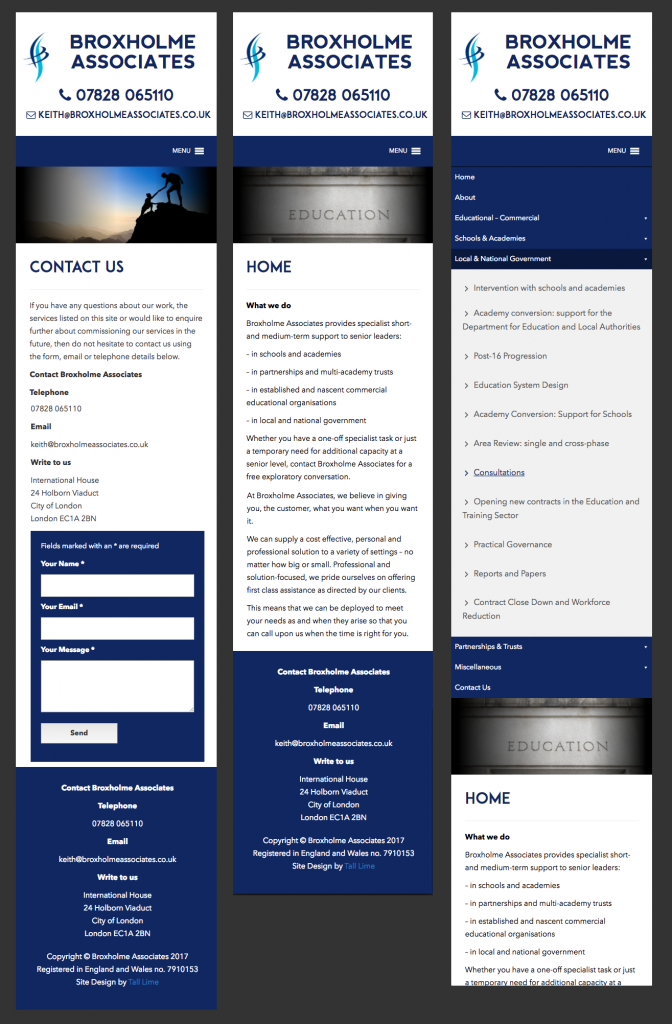 Screenshots of the responsive layout of the Broxholme Associates website, showing how several pages would look on a mobile device.