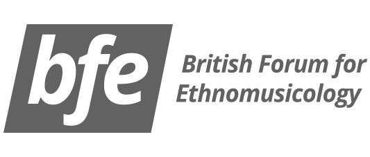 A grey version of the British Forum for Ethnomuiscology logo.